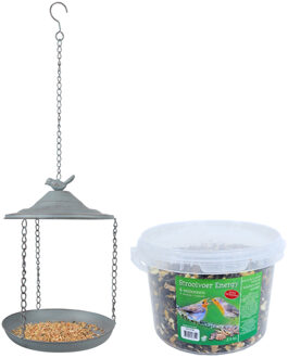 Best for Birds Metalen vogelbad/voederschaal hangend 30 cm met 4- seizoenen vogel strooivoer 2,5 kg - Vogelvoederhuisjes