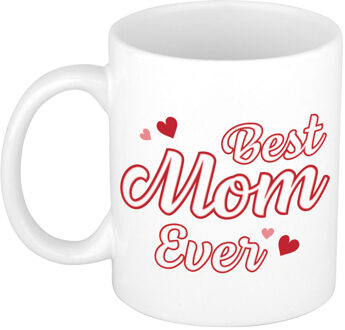 Best mom ever mok / beker wit met rode hartjes - cadeau mama - Moederdag / verjaardag - feest mokken Roze