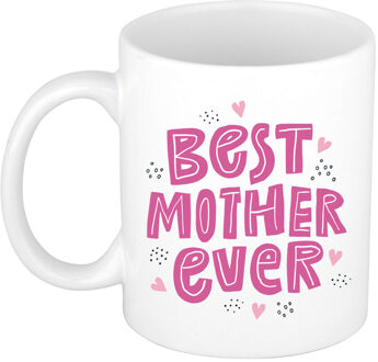 Best mother ever mok / beker wit met roze letters en hartjes - cadeau mama - Moederdag / verjaardag - feest mokken