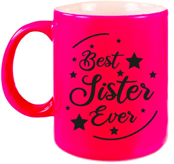 Best Sister Ever cadeau mok / beker neon roze 330 ml - verjaardag / bedankje - kado zus/ zusje - feest mokken