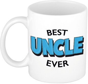 Best uncle ever cadeau koffiemok / theebeker wit met blauwe letters 300 ml - feest mokken
