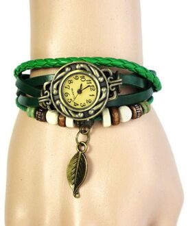 Beste Womens Armband Vintage Weave Wrap Quartz Pu Leather Leaf Kralen Horloges Dame Horloge Relogio Feminino