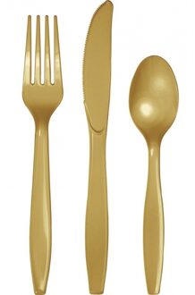 Bestek kunststof - goud - 48x delig - herbruikbaar - bbq/verjaardag - mes/vork/lepel Multi