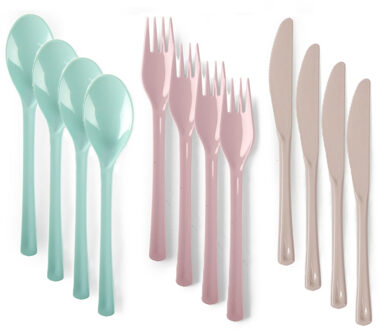 Bestek van kunststof - 12x - herbruikbaar plastic - 19 cm - BBQ / Verjaardag / Camping / Party Multi pasel