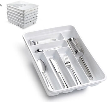 Bestekbak - 2x stuks - 6 vaks - wit - 40 x 30 x 7 cm - bestekhouder