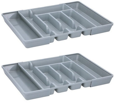 Bestekbak - Set van 2x stuks - uitschuifbaar - bestekhouder - grijs - 44 x 36 cm - 5 tot 7 vakken