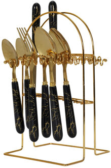 Bestekset - 24 delig - goud/zwart - metaal - kunststof - marmer look - 6 personen