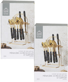 Bestekset - 48 delig - goud/zwart - metaal - kunststof - marmer look - 12 personen