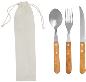Bestekset - RVS - 3-delig - houten handvat - in katoenen hoes