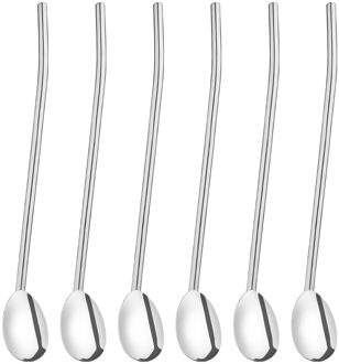 Bestonzon 6Pcs Roestvrij Staal Stro Lepel Ovale Vorm Herbruikbare Metalen Rietjes Herbruikbare Stro Cocktail Lepels Filter Set