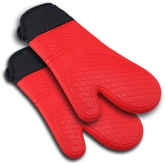 Bestselling 2 Stuks Rode Siliconen Keuken Oven Mitt Glove Pannenlap Met Extra Lange Canvas Mouw Stiksels Voor Grillen En Bbq
