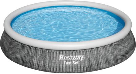 Bestway Fast Set - Opblaasbaar zwembad inclusief filterpomp - 396x84 cm - Rattanprint - Rond Grijs