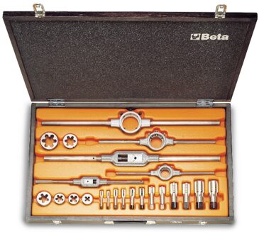 Beta Assortiment van verchroomd stalen tappen en snijplaten, cilindrisch GAS draad, met toebehoren in houten kist 446ASG/C23 - 004460085