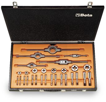 Beta Assortiment van verchroomd stalen tappen en snijplaten, UNF draad, met toebehoren in houten kist 446ASF/C29 - 004460070
