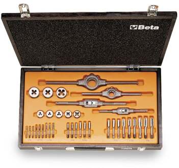 Beta Assortiment van verchroomd stalen tappen en snijplaten, Whitworth draad, met toebehoren in houten kist 446ASW/C36 - 004460075