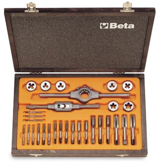 Beta Assortiment van verchroomde tappen en snijplaten, metrische draad, met toebehoren in houten kist 446/C30 - 004460055