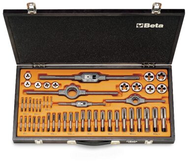 Beta Assortiment van verchroomde tappen en snijplaten, metrische draad, met toebehoren in houten kist 446/C48 - 004460057