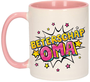 Beterschap oma cadeau mok / beker wit en roze met sterren 300 ml - feest mokken