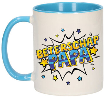 Beterschap papa cadeau mok / beker wit en blauw met sterren 300 ml - feest mokken
