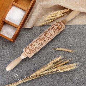 Beuken 35X5Cm Kerst Rolling Pin Confeitaria Gegraveerd Gesneden Hout Reliëf Deegroller Keuken Tool Bakken Accessoires Fdh