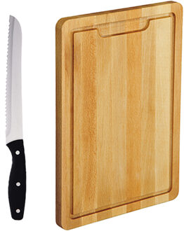 Beukenhouten snijplank 36 x 50 cm inclusief RVS broodmes 33 cm