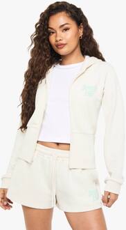 Beverly Hills Puff Print Deep Hem Cropped Hoodie Short Tracksuit, Ecru - M