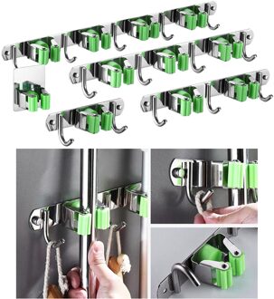 Bezem Mop Holder Wall Mount Hanger Rvs Wasruimte Keuken 3 Racks