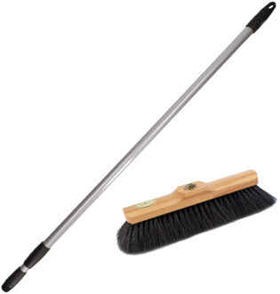 Bezem voor binnen - zwart paardenhaar - inclusief metalen telescoopsteel van 130 cm - Kop 32 cm