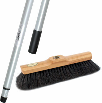 Bezem voor binnen - zwart paardenhaar - inclusief metalen telescoopsteel van 200 cm - Kop 32 cm