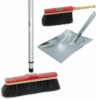 Bezemset rood/zilver van metaal inclusief telescoopsteel 200 cm voor binnen - Stoffer en blik Zilverkleurig