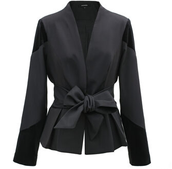 Bi-materiaal blazer met geknoopte riem Zwart - XS