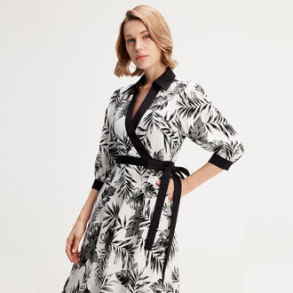 Bi-material wrap jurk met tropische print - maat Zwart