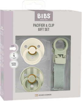 BIBS IBS – Pacifier & Clip Gift Set – Sage - Rond – 2 Fopspenen + Fopspeenkoord – Maat 1