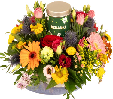 Biedermeier bont + blikje bedankt snoep