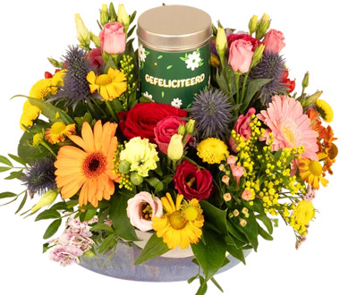 Biedermeier bont + blikje gefeliciteerd snoep