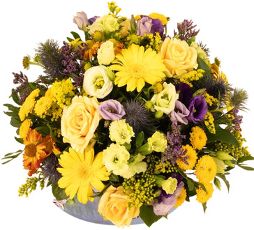 Biedermeier geel paars bloemstuk ca. 25 cm