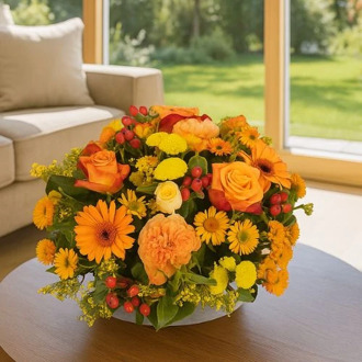 Biedermeier oranje geel bloemstuk vanaf Ø 25 cm