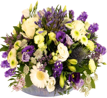 Biedermeier paars wit bloemstuk vanaf 25cm