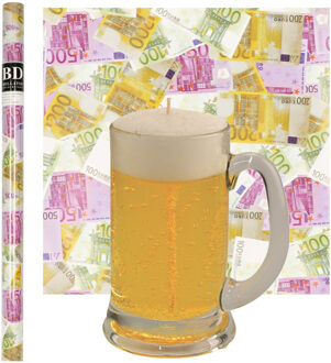 Bierpul Kaars - H13 cm met Euro Geld Cadeaupapier - vaderdag - opa - oom cadea