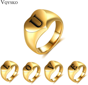 Big Gold Initial Name Alphabet Finger Rings Heart Stainless Steel Unisex Personalized Jewelry Accessories Ring For Women Men
