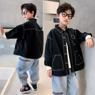 Big Kids Spring And Autumn Simple Jacket Boys Loose Tooling Style Tops Children's Big Pockets Solid Color Lapel Shirt 150