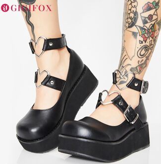 Big Size 43 Sweet Gothic Stijl Meisjes Roze Zwart Hart Decoratie Platform Mary Janes Flats Schoenen Vrouwen 9