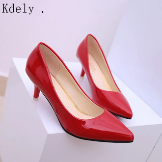 Big Size High Heels Pointed Toe Pumps Patent Leather Dress Shoes Thick Heels Office Shoes Woman Faux Suede ladies shoes romeetse