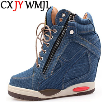 Big Size Women Denim Wedges Sneakers Autumn Platform Casual Shoes Fashion Woman Side Zipper Vulcanized Shoe Thick Bottom Sneaker