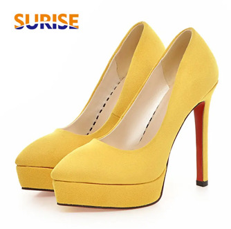 Big Size Women Platform Pumps 13cm High Spike Heels Black Yellow Flock Party Office Lady Sexy Slip-on Pointed Toe Thin Stiletto