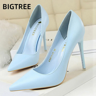 BIGTREE Shoes Fashion Women Heels Pu Leather Shoes Woman Pumps Sexy High Heels Pointed Party Shoes Female Stiletto Plus Size 43