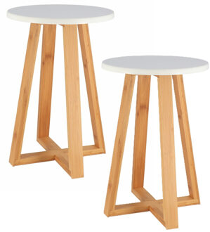 Bijzet krukje model Oslo - 2x - wit - bamboe hout - D30 x H43 cm - bijzettafeltje
