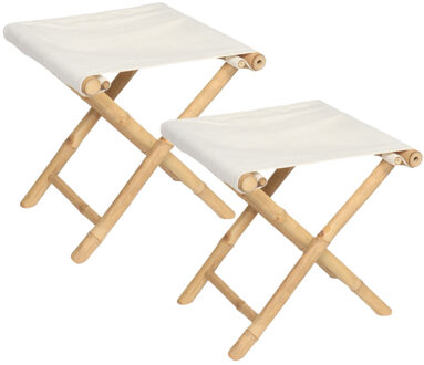 Bijzet krukje/stoel - 2x - Inklapbaar - creme wit - vouwkruk - bamboe/polyester - 40 x 40 x 42 cm