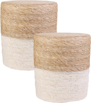 Bijzet poef Mirage - 2x - Ibiza/boho - beige - MDF - 35 x 41 cm - gevlochten