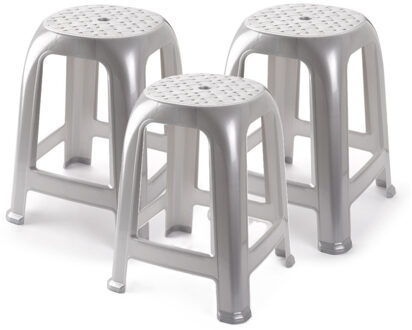 bijzet zitkrukje - 3x - zilvergrijs - kunststof - 37 x 37 x 46 cm - kinderen/volwassene